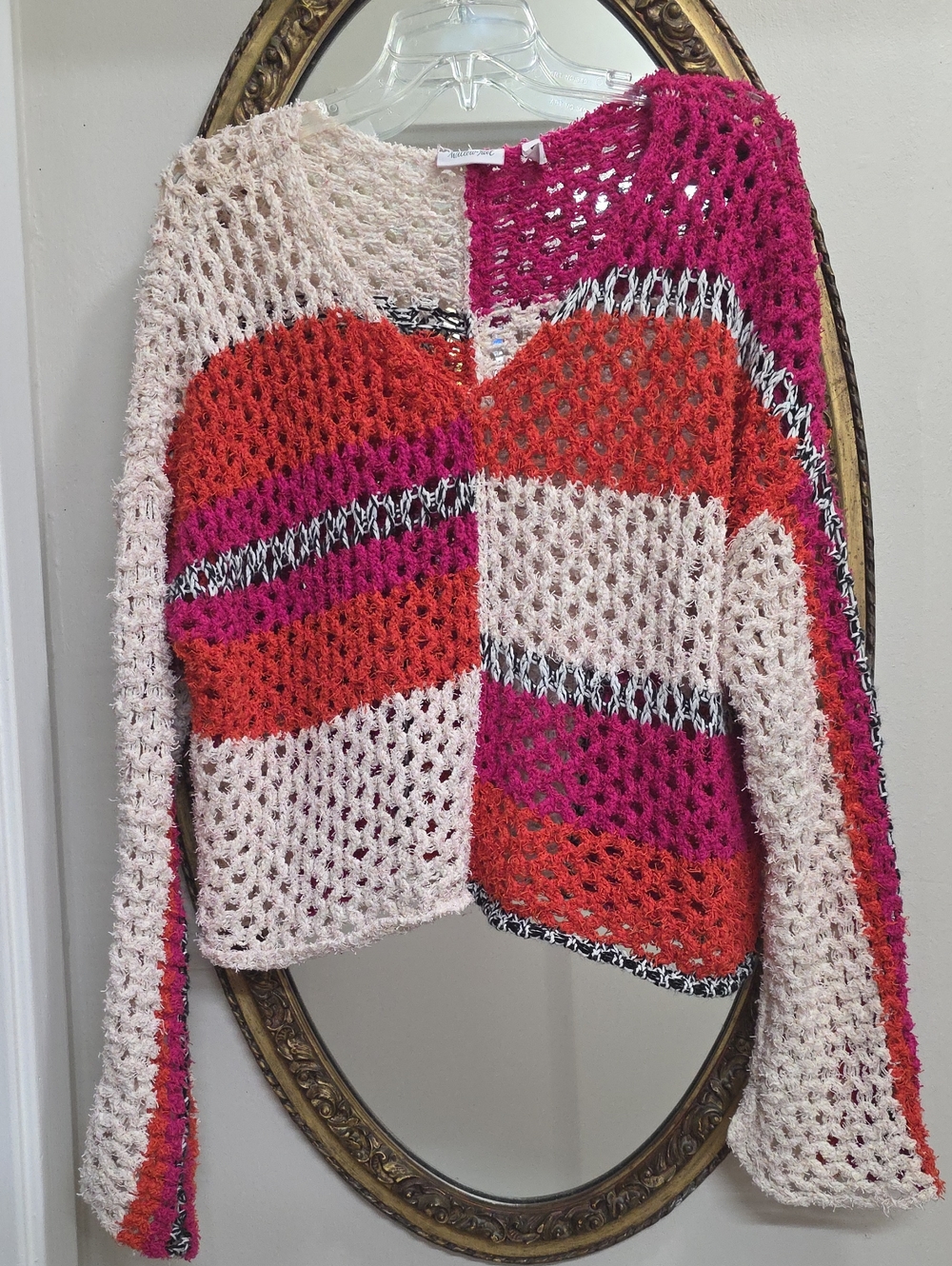 Willow & Root  Open-Knit Colorblock Sweater - Pink, Orange & Cream Hippie Size M